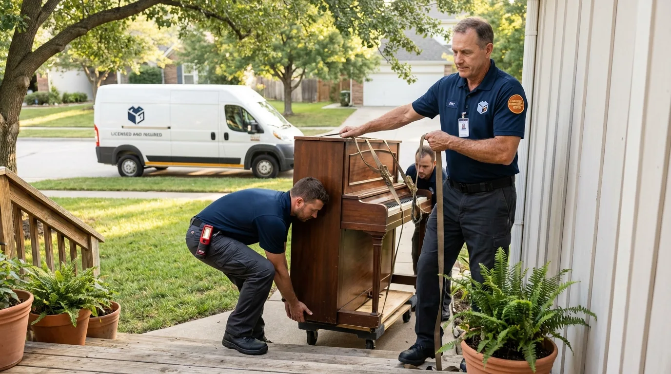 Licensed piano movers securing grand piano in Gary, IN